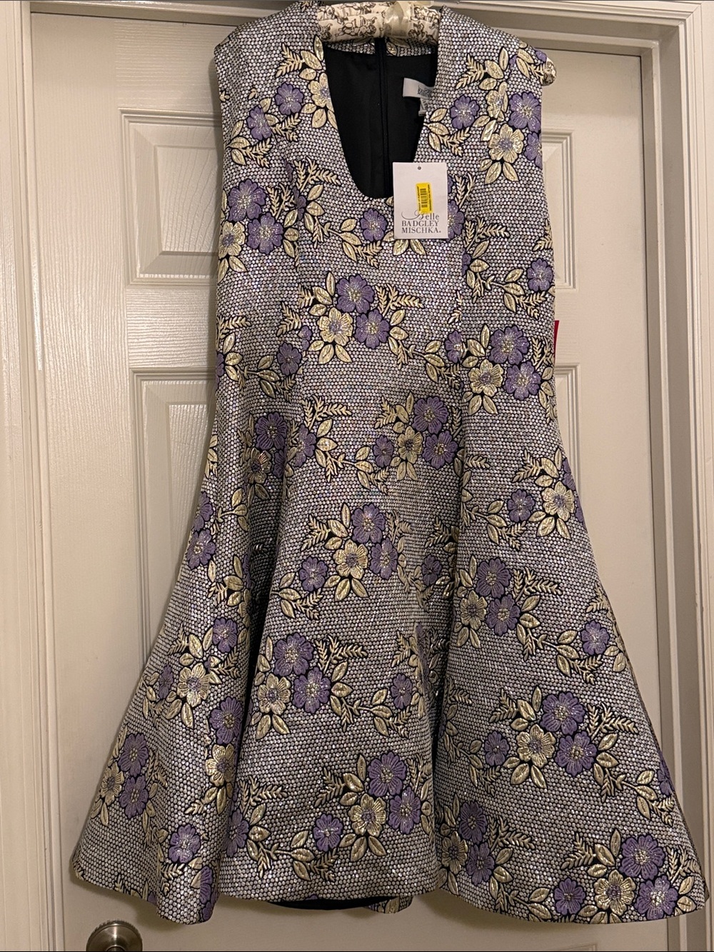 Badgley Mischka Lavender and Cream Floral Jacquard Fit-and-Flare Dress